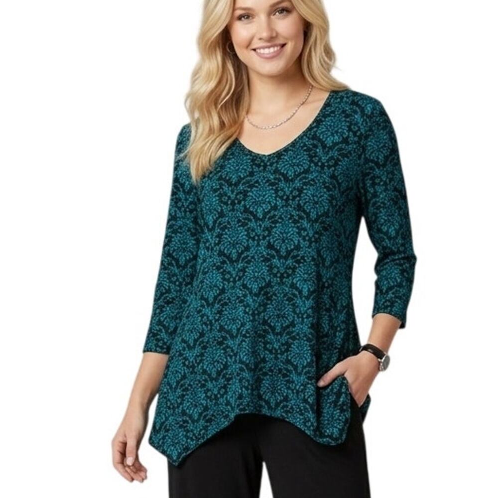 Tianello Asbury Tunic Womens Large Teal Black Damask Asymmetrical Scoop Neck Top